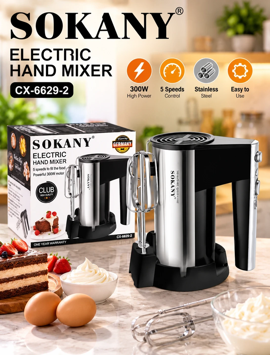 SOKANY CX-6629-2 300W Electric Hand Mixer – 5 Speed Stainless Steel Beater
