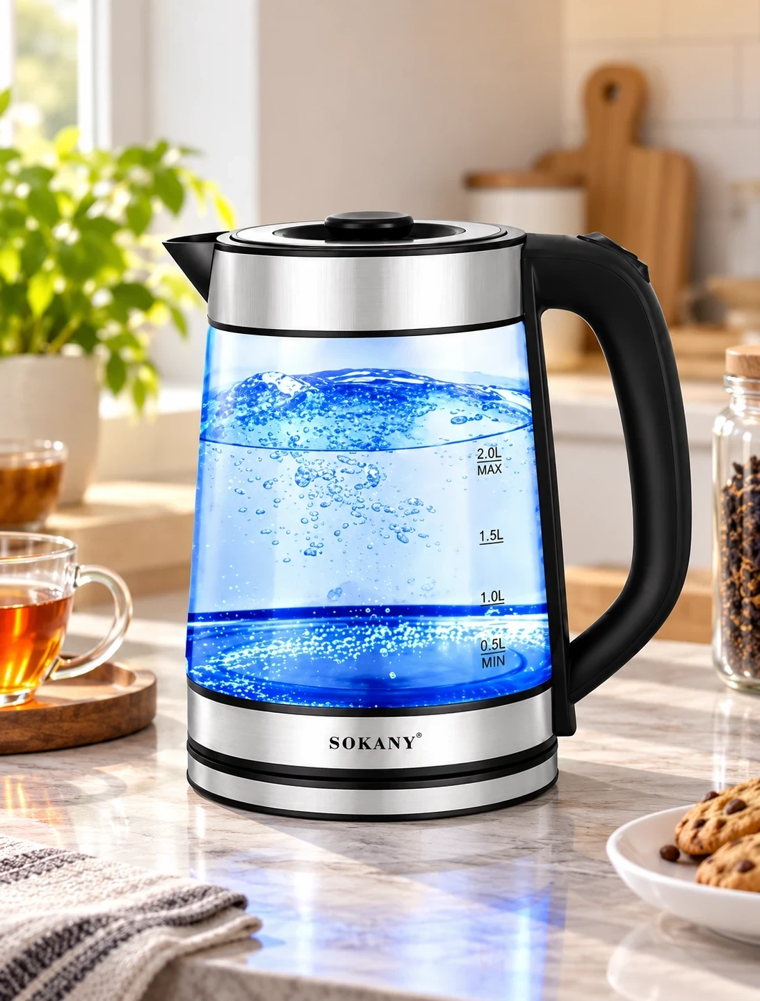 SOKANY 2.0L Electric Glass Kettle – 1500W High Power Stainless Steel Electric Kettle with LED Light